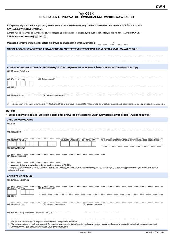 SW-1 (4) Rodzina 500+ Wniosek o ustalenie prawa do świadczenia wychowawczego
