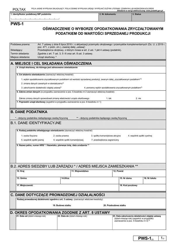 PWS-1 (2) Oświadczenie o wyborze opodatkowania zryczałtowanym podatkiem od wartości sprzedanej produkcji