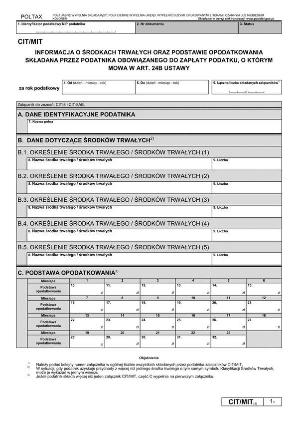 CIT/MIT (3) Informacja o środkach trwałych oraz przychodach składana przez podatnika obowiązanego do zapłaty podatku, o którym mowa w art. 24b ustawy 