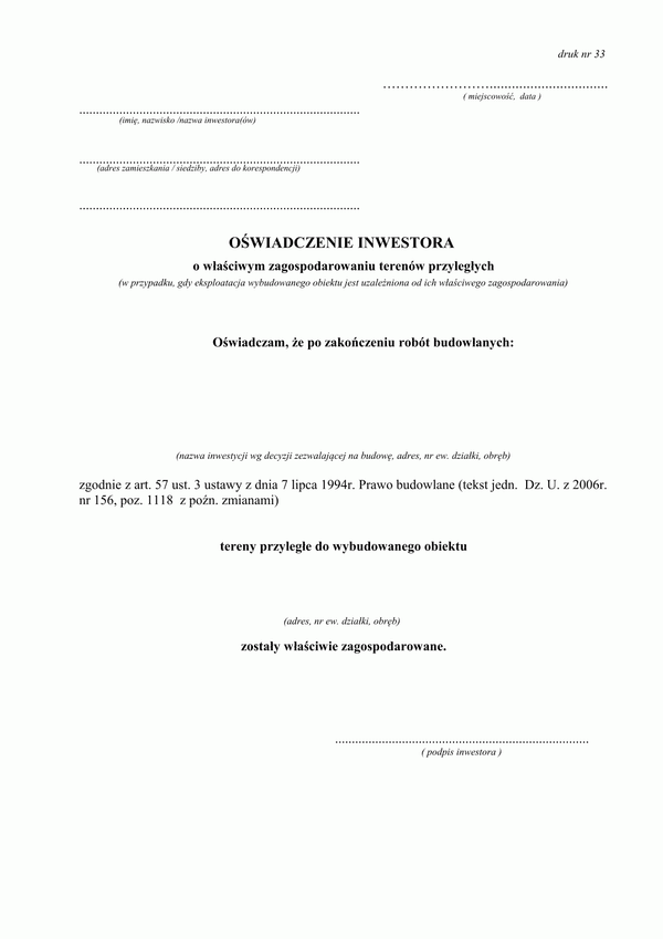 OIWZ-B (P) Oświadczenie inwestora o własciwym zagospodarowaniu terenow przyleglych Powiat Bydgoszcz