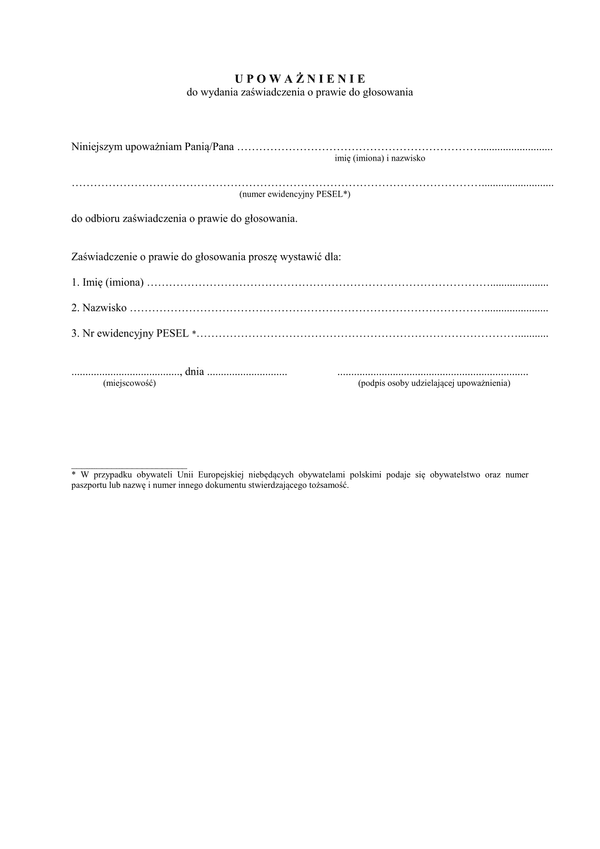 UOZPG-G Upoważnienie do wydania zaświadczenia o prawie do głosowania Gdańsk