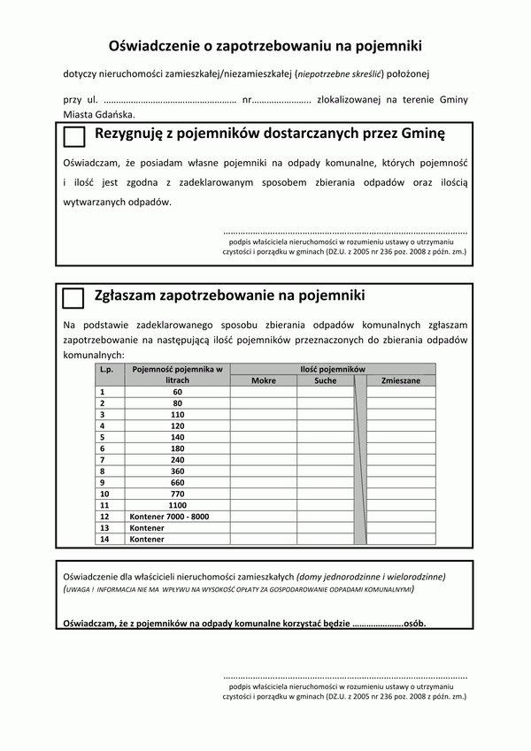 OZP-G Oświadczenie o zapotrzebowaniu na pojemniki załącznik do deklaracji o wysokości opłaty za gospodarowanie odpadami komunalnymi -  Gdańsk