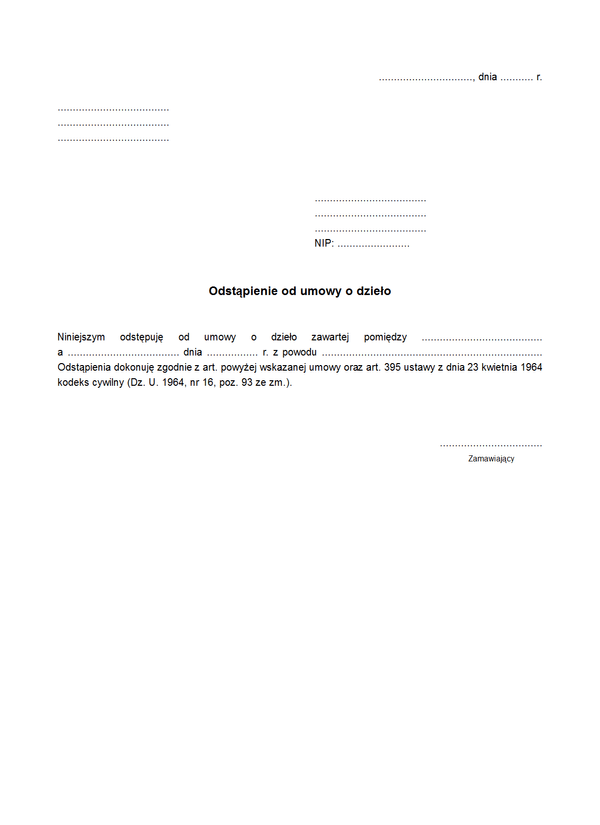 OUOD Odstąpienie od umowy o dzieło - wypowiedzenie 