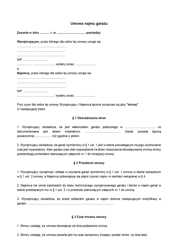 UNG Umowa najmu garażu