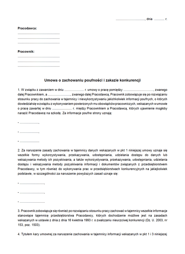 UoZP Umowa o zachowaniu poufności i zakazie konkurencji 