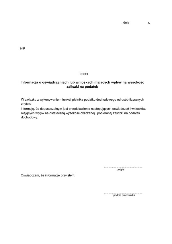 IoOlW Informacja o oświadczeniach lub wnioskach mających wpływ na wysokość zaliczki na podatek
