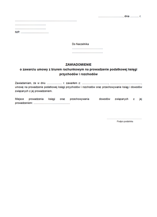 ZoZU Zawiadomienie o zawarciu umowy z biurem rachunkowym na prowadzenie podatkowej księgi przychodów i rozchodów
