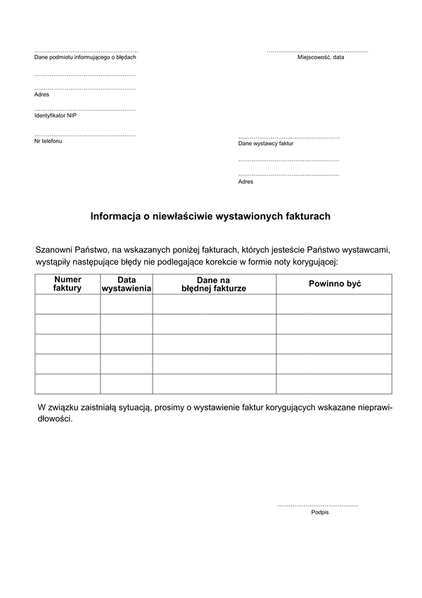 IoNWF Informacja o niewłaściwym wystawianiu faktur