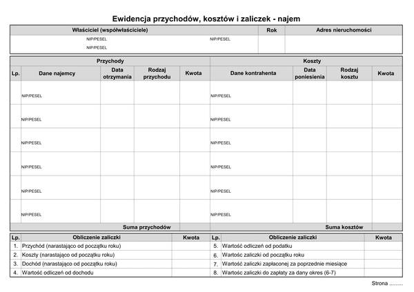 WPKiZn Ewidencja przychodów, kosztów i zaliczek - najem