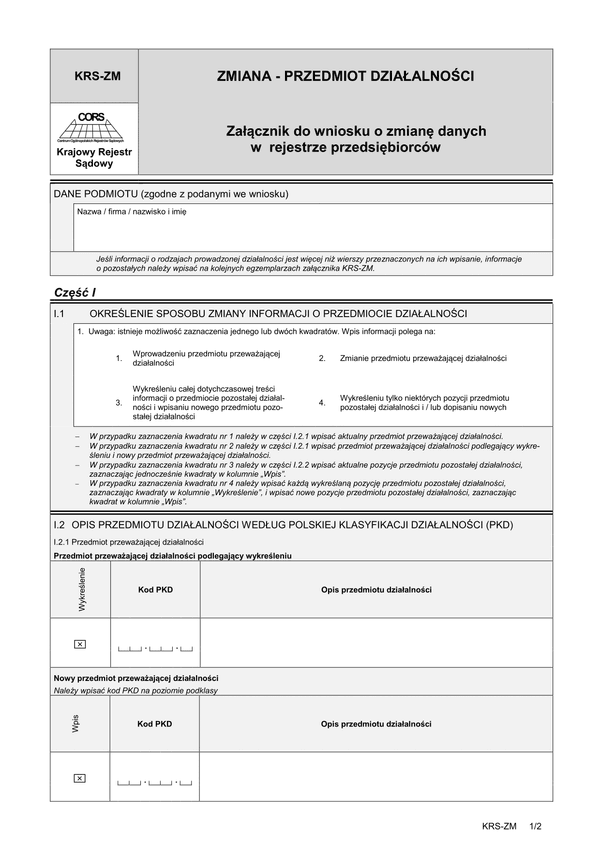 KRS-ZM Zmiana - przedmiot działalności - załącznik do wniosku o zmianę danych w rejestrze przedsiębiorców