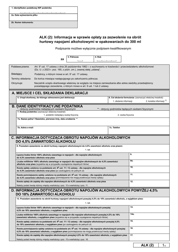 EW_ALK (2) Informacja w sprawie opłaty za zezwolenie na obrót  hurtowy napojami alkoholowymi w opakowaniach do 300 ml