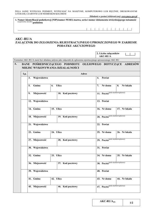 AKC-RU/A Załącznik do zgłoszenia rejestracyjnego uproszczonego w zakresie podatku akcyzowego