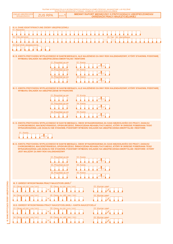 ZUS RPA zal Załącznik do Imiennego raportu miesięcznego o przychodach ubezpieczonego/okresach pracy nauczycielskiej - z wysyłką do PUE ZUS