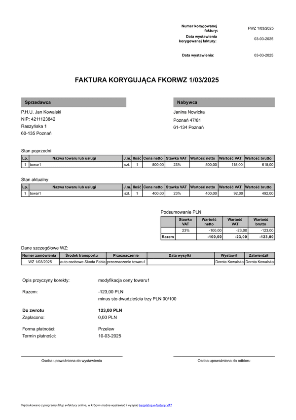 FKORWZ Faktura korygująca wydanie na zewnątrz (zgodna z KSeF)