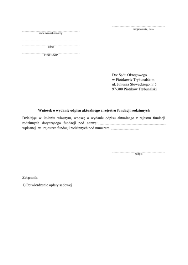 WOzRFR Wniosek o wydanie odpisu aktualnego z rejestru fundacji rodzinnych