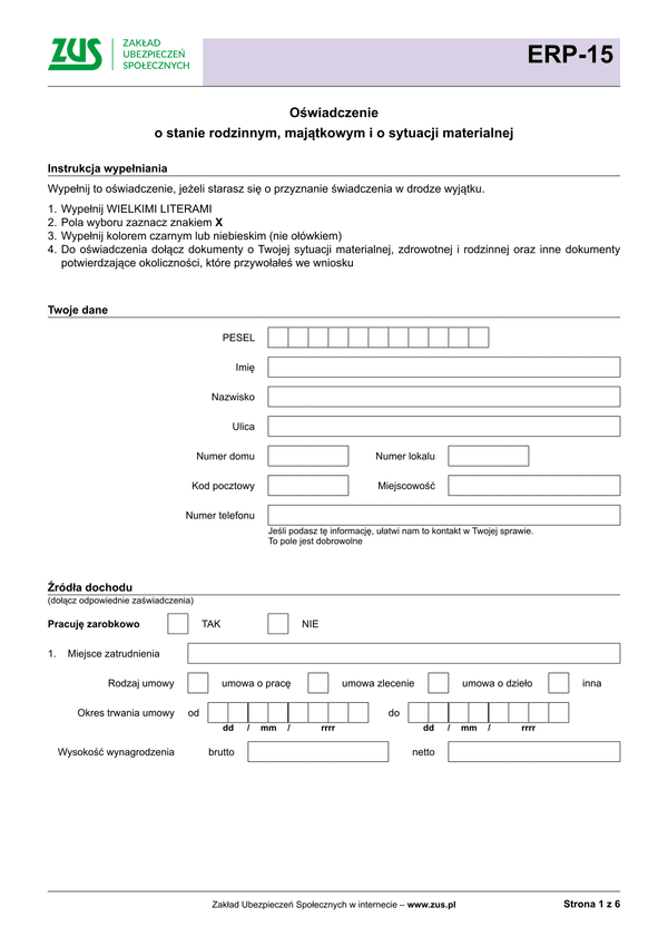 ZUS ERP-15 Oświadczenie o stanie rodzinnym, majątkowym i o sytuacji materialnej