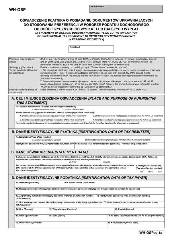 WH-OSP (5) Oświadczenie płatnika podatku dochodowego od osób fizycznych