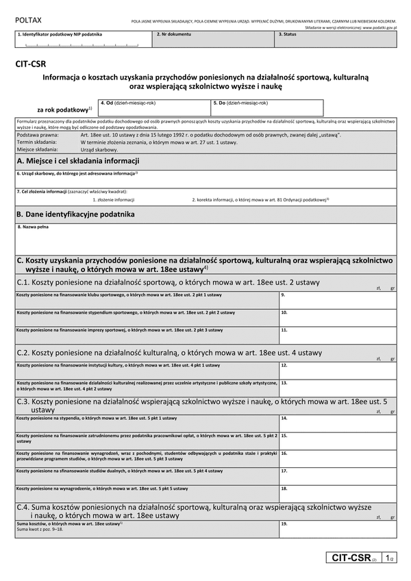 CIT-CSR (2) Informacja o kosztach uzyskania przychodów poniesionych na działalność sportową, kulturalną oraz wspierającą szkolnictwo wyższe i naukę