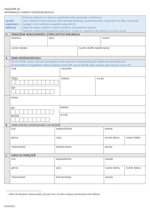 ZA mz Załącznik do deklaracji DM i DZ - Informacje o danych współwłaścicieli