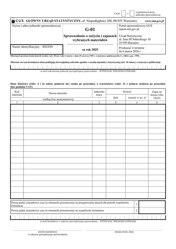 GUS G-01 (2025) Sprawozdanie o zużyciu i zapasach wybranych materiałów za rok 2025