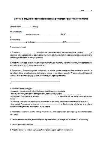 UoPOM Umowa o przyjęciu odpowiedzialności za powierzone pracownikowi mienie
