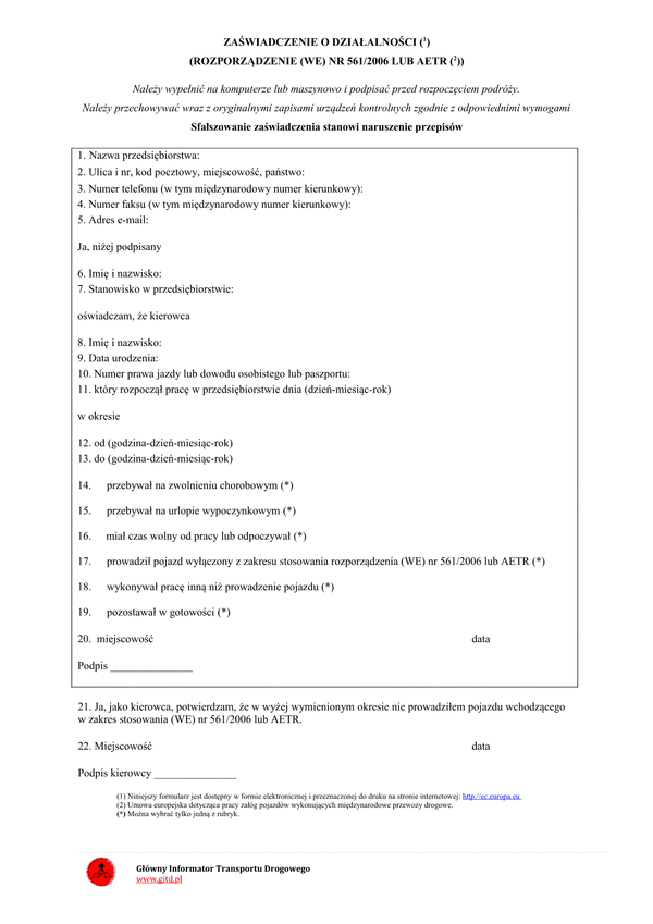 ZoD Zaświadczenie o działalności (Rozporządzenie (WE) nr 561/2006 lub AETR)