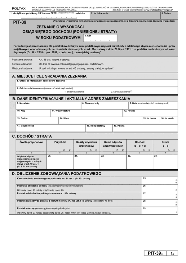 PIT-39 (8) (archiwalny) (2017) Zeznanie o wysokości osiągniętego dochodu (poniesionej straty)