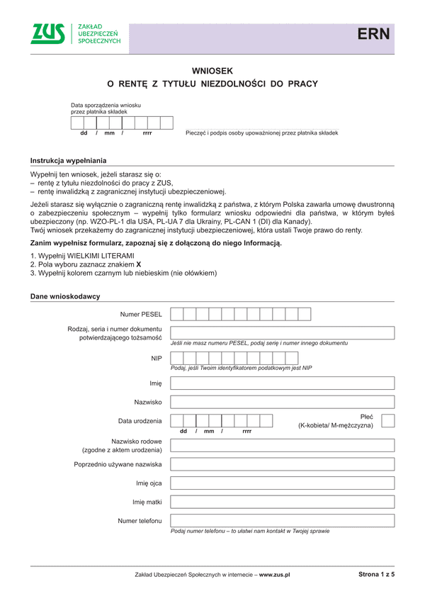 ZUS ERN (archiwalny) Wniosek o rentę z tytułu niezdolności do pracy