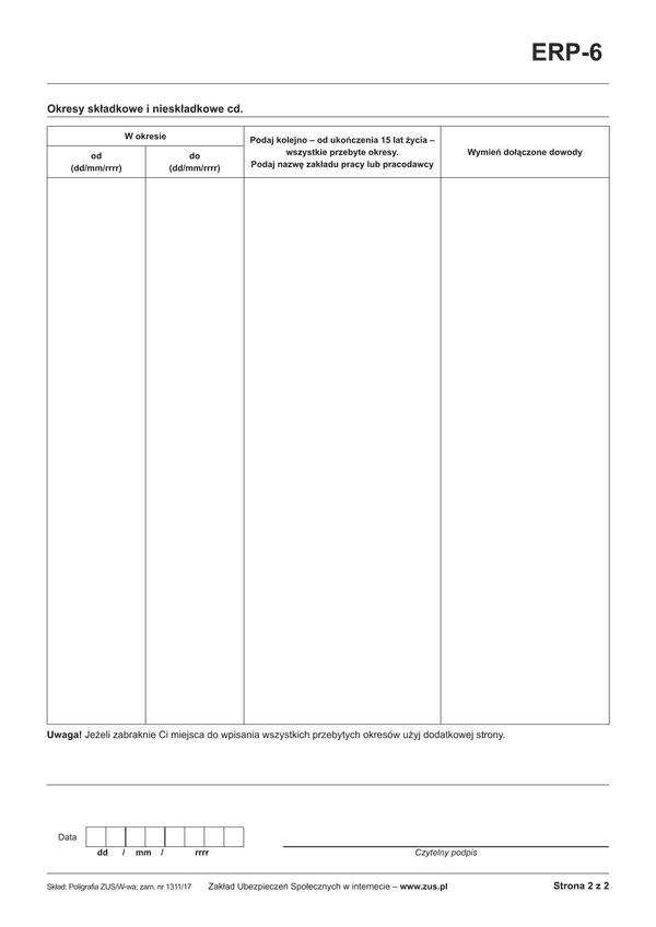 ZUS ERP-6  zal (archiwalny) Informacja dotycząca okresów składkowych i nieskładkowych - załącznik