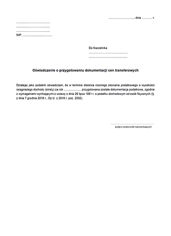 OTP-P Oświadczenie o przygotowaniu dokumentacji cen transferowych