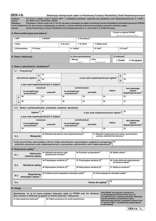 PFRON DEK-I-b (archiwalny) Deklaracja miesięcznych wpłat na Państwowy Fundusz Rehabilitacji Osób Niepełnosprawnych