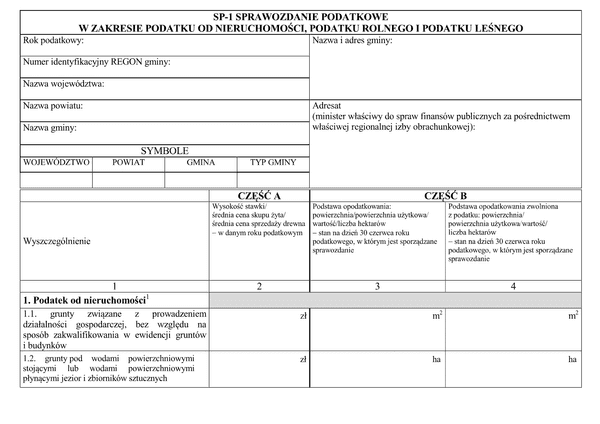 SP-1 Sprawozdanie podatkowe w zakresie podatku od nieruchomości, podatku rolnego i podatku leśnego
