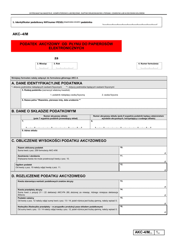 AKC-4/M (1) (archiwalny) Podatek akcyzowy od płynu do papierosów elektronicznych