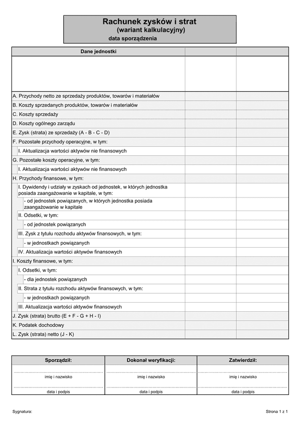 RZiS-U (P) (archiwalny) Rachunek zysków i strat (wariant kalkulacyjny) - jednostki małe korzystające z uproszczeń