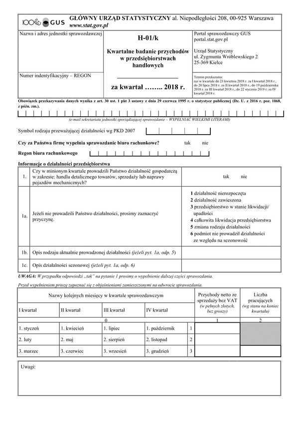 GUS H-01/k (archiwalny) (2018) Kwartalne badanie przychodów w przedsiębiorstwach handlowych