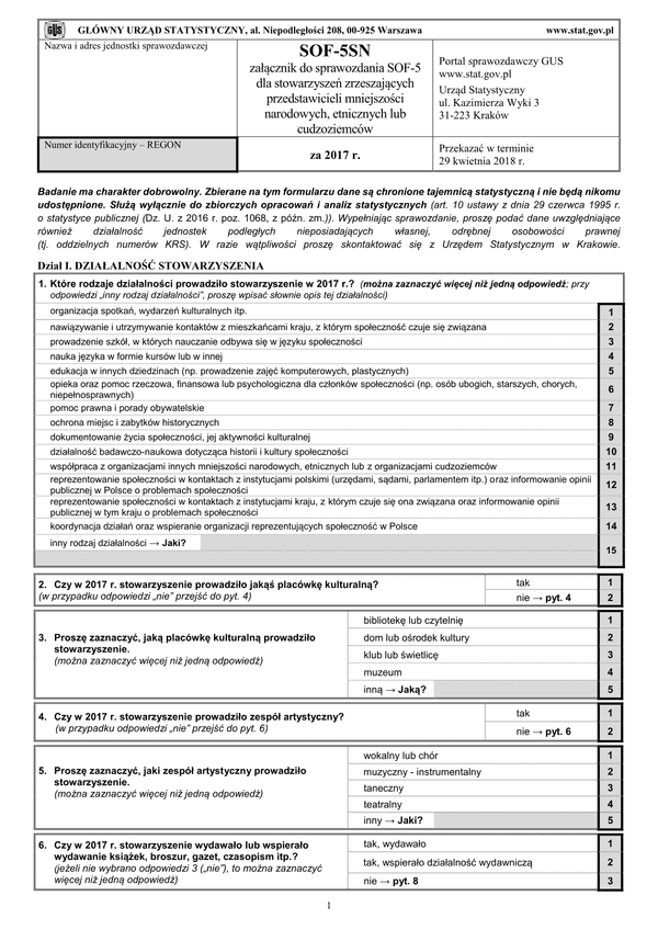 GUS SOF-5SN (archiwalny) Załącznik do sprawozdania SOF-5 dla stowarzyszeń zrzeszających przedstawicieli mniejszości narodowych, etnicznych lub cudzoziemców za 2017 r.