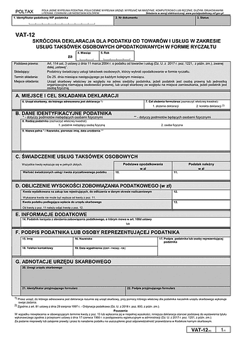 VAT-12 (4) Skrócona deklaracja dla podatku od towarów i usług w zakresie usług taksówek osobowych opodatkowanych w formie ryczałtu