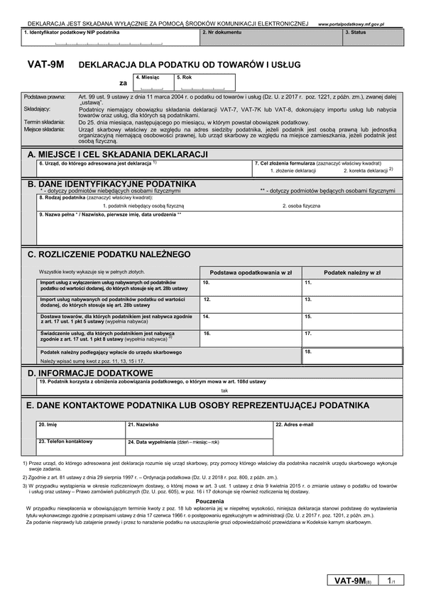 VAT-9M (8) (archiwalny) Deklaracja dla podatku od towarów i usług