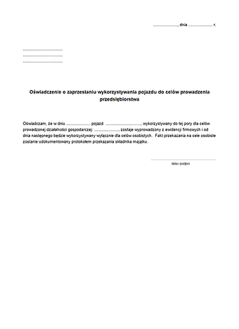 PoZW Oświadczenie o zaprzestaniu wykorzystywania pojazdu/składnika majątku do celów prowadzenia przedsiębiorstwa