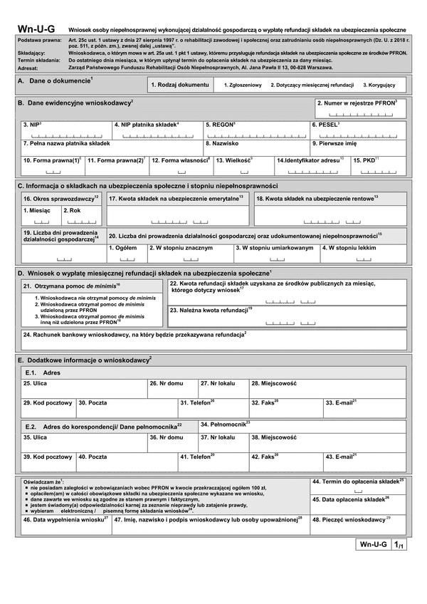 PFRON Wn-U-G (archiwalny) Wniosek osoby niepełnosprawnej wykonującej działalność gospodarczą o wypłatę refundacji składek na ubezpieczenia społeczne