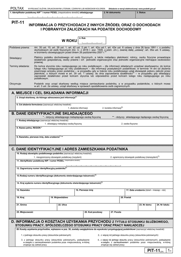 PIT-11 (24) (archiwalny) (2018) Informacja o dochodach, pobranych zaliczkach na podatek dochodowy, wypłaconym stypendium oraz przychodach z innych źródeł  (PIT-11 / PIT-11Z)