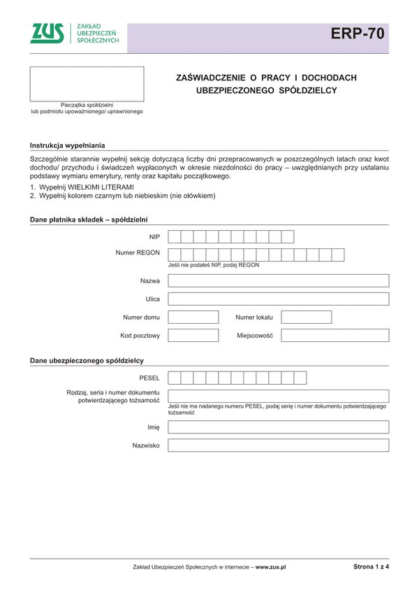 ZUS ERP-70 (archiwalny) Zaświadczenie o pracy i dochodach ubezpieczonego spółdzielcy