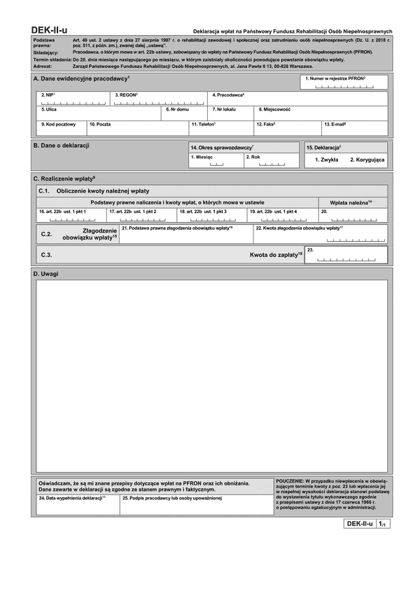 PFRON DEK-II-u (archiwalny) Deklaracja wpłat na Państwowy Fundusz Rehabilitacji Osób Niepełnosprawnych