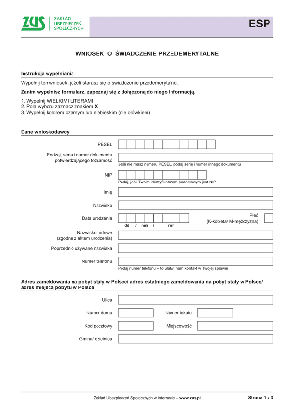 ZUS ESP (archiwalny) Wniosek o świadczenie przedemerytalne