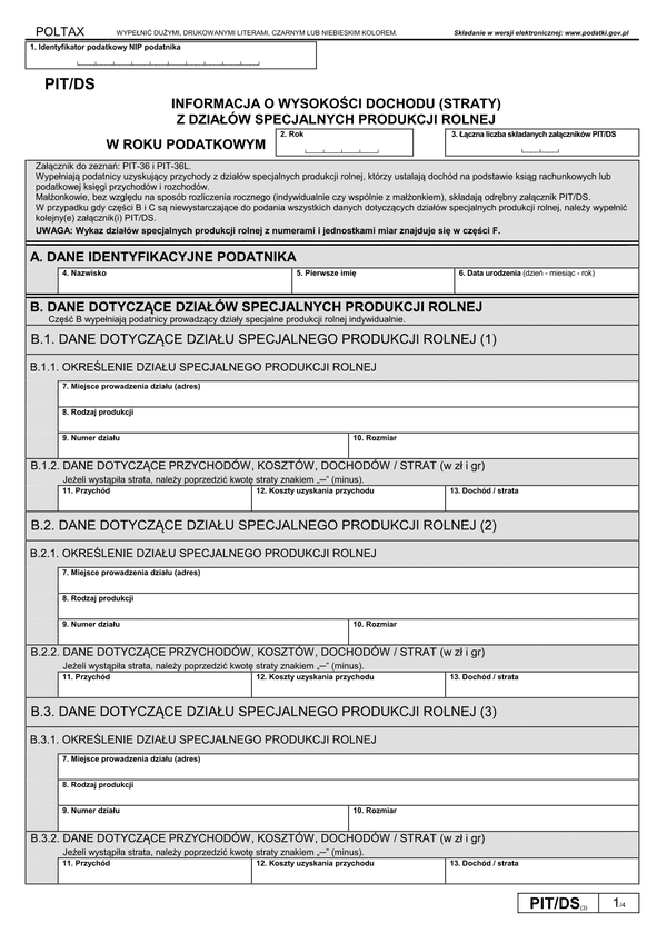 PIT/DS (3) (archiwalny) (2018) Informacja o wysokości dochodu (straty) z działów specjalnych produkcji rolnej