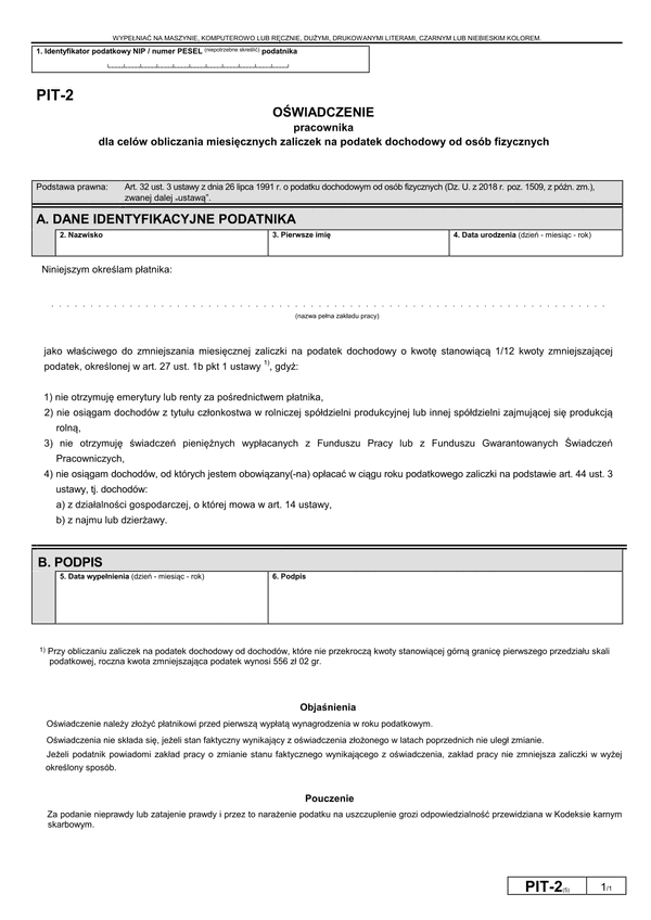 PIT-2 (5) (archiwalny) (2019) Oświadczenie pracownika dla celów obliczania miesięcznych zaliczek na podatek dochodowy od osób fizycznych