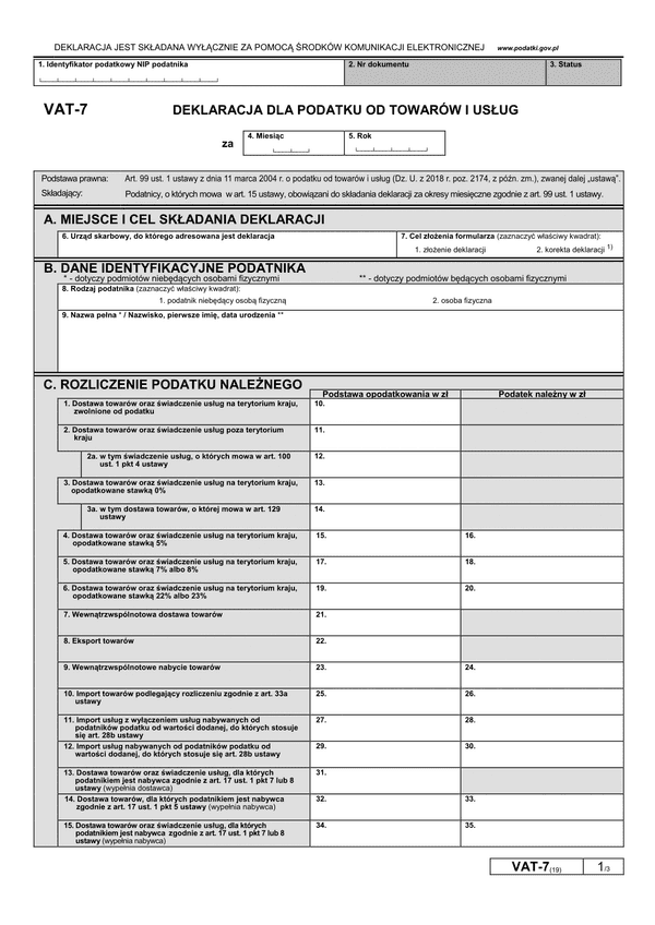 VAT-7 (19) (archiwalny) (2019) Deklaracja dla podatku od towarów i usług