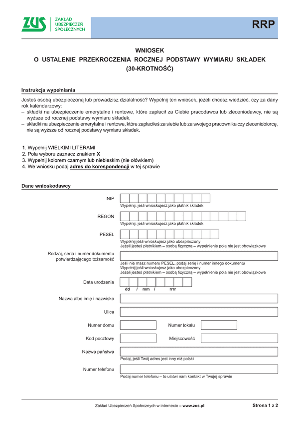 ZUS RRP Wniosek o ustalenie przekroczenia rocznej podstawy wymiaru składek (30-krotność)
