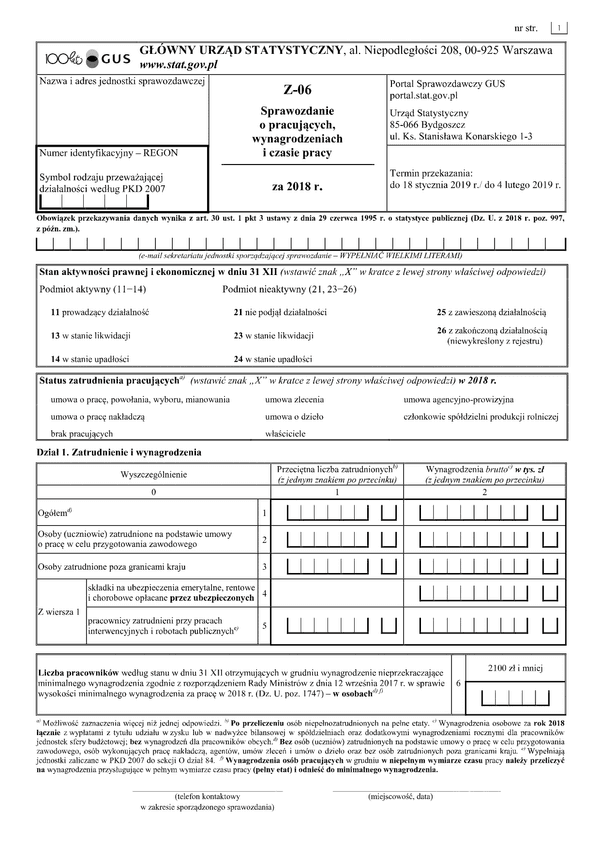 GUS Z-06 (2018) (archiwalny) Sprawozdanie o pracujących, wynagrodzeniach i czasie pracy za 2018 rok