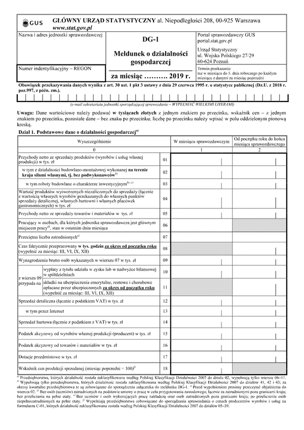 GUS DG-1 (2019) (archiwalny) Meldunek o działalności gospodarczej